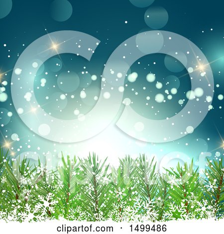Clipart of a Christmas Background of Branches, Snowflakes, and Flares on Blue - Royalty Free Vector Illustration by KJ Pargeter