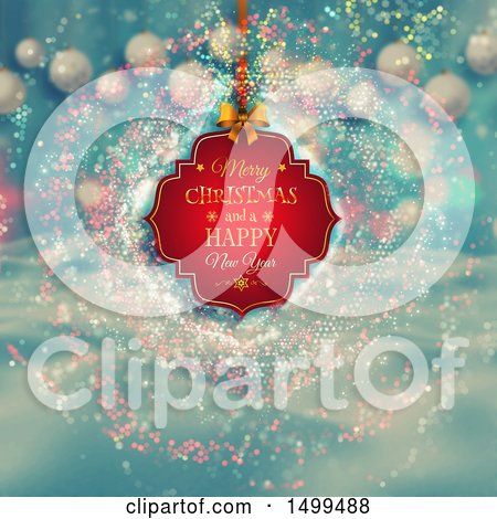 Clipart of a Merry Christmas and a Happy New Year Greeting Tag Suspended over a Blurred Sparkly and Bauble Background - Royalty Free Illustration by KJ Pargeter