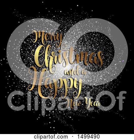Clipart of a Merry Christmas and a Happy New Year Greeting over Confetti on Black - Royalty Free Vector Illustration by KJ Pargeter