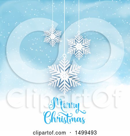 Clipart of a Merry Christmas Greeting Under Suspended Snowflakes over a Blue Snow Background - Royalty Free Vector Illustration by KJ Pargeter