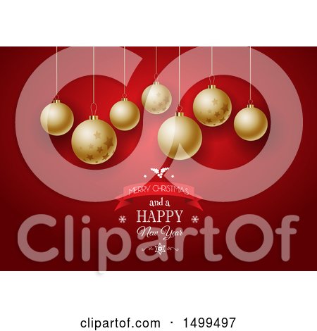 Clipart of a Merry Christmas and a Happy New Year Design Under Golden Baubles - Royalty Free Vector Illustration by KJ Pargeter