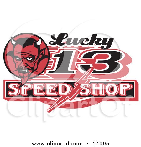 Red Horned Devil Man On A Lucky 13 Speed Shop Advertisement Clipart Illustration by Andy Nortnik