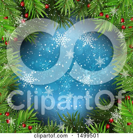 Clipart of a Frame of Christmas Tree Branches Around Blue Snowflakes - Royalty Free Vector Illustration by KJ Pargeter