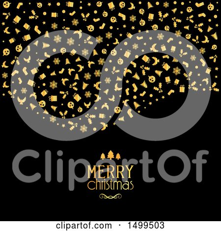 Clipart of a Gold Merry Christmas Greeting with Icons on Black - Royalty Free Vector Illustration by KJ Pargeter