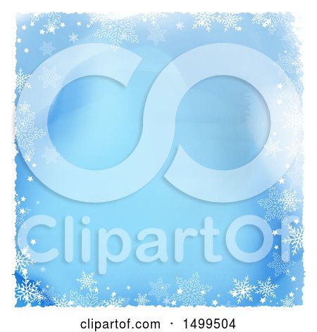 Clipart of a Blue Watercolor Background with a Border of Snowflakes and White - Royalty Free Vector Illustration by KJ Pargeter