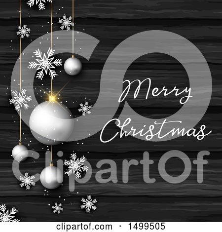 Clipart of a Merry Christmas Greeting with Snowflakes and Silver Bauble Ornaments over Dark Wood - Royalty Free Vector Illustration by KJ Pargeter