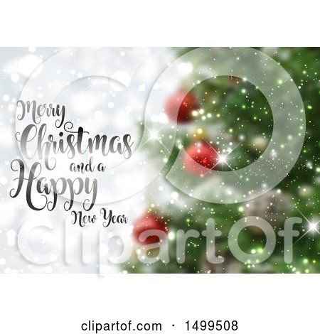 Clipart of a Merry Christmas and a Happy New Year Design over a Blurred Tree - Royalty Free Vector Illustration by KJ Pargeter
