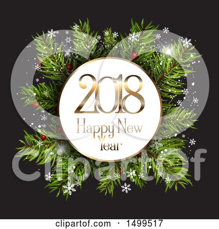 Clipart of a Happy New Year 2018 Greeting over Tree Branches with Snowflakes on Black - Royalty Free Vector Illustration by KJ Pargeter
