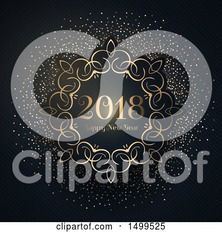 Clipart of a Happy New Year 2018 Greeting in an Ornate Gold Frame with Confetti on Black - Royalty Free Vector Illustration by KJ Pargeter