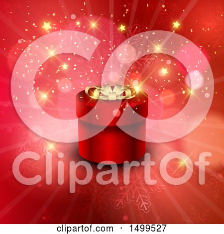 Clipart of a 3d Round Red Christmas Gift Box over a Snowflake and Flare Burst - Royalty Free Vector Illustration by KJ Pargeter