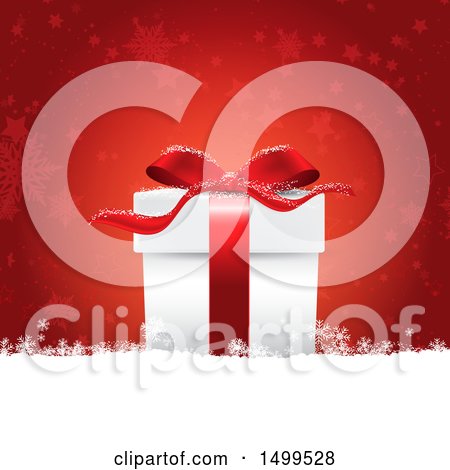 Clipart of a 3d Christmas Gift Box in Snow, over Red - Royalty Free Vector Illustration by KJ Pargeter