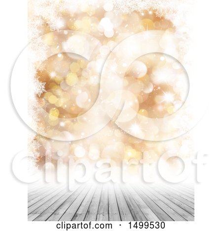 Clipart of a Background of Golden Flares and a Wood Surface with a Border of Snowflakes - Royalty Free Illustration by KJ Pargeter