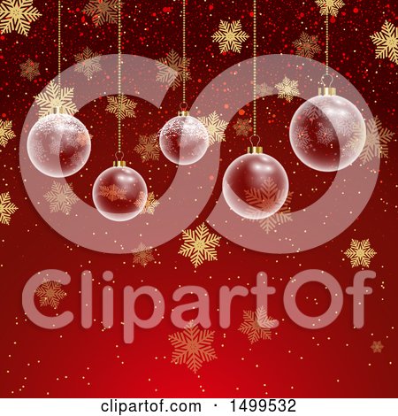 Clipart of a Christmas Background with Suspended Clear Ornament Baubles on Red with Snowflakes - Royalty Free Vector Illustration by KJ Pargeter