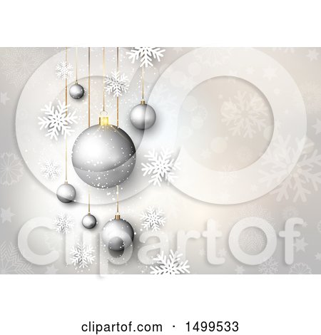 Clipart of a Silver Christmas Background of Suspended Ornament Baubles with Snowflakes - Royalty Free Vector Illustration by KJ Pargeter
