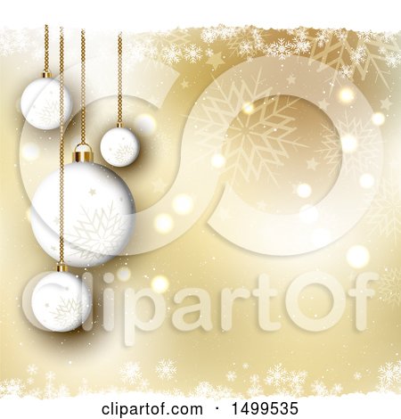 Clipart of a Golden Christmas Background with Suspended Ornament Baubles with Snowflakes - Royalty Free Vector Illustration by KJ Pargeter