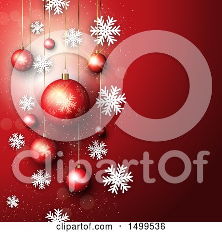 Clipart of a Christmas Background with Suspended Ornament Baubles on Red with Snowflakes - Royalty Free Vector Illustration by KJ Pargeter
