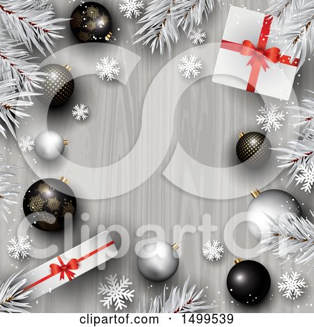 Clipart of a Christmas Background with a Border of Gifts Branches Snowflakes and 3d Baubles - Royalty Free Vector Illustration by KJ Pargeter