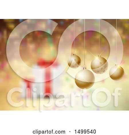 Clipart of a Christmas Background with 3d Baubles over Blurred Gifts on Gold - Royalty Free Vector Illustration by KJ Pargeter