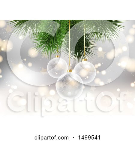 Clipart of a Christmas Background with 3d Clear Glass Baubles and Branches - Royalty Free Vector Illustration by KJ Pargeter