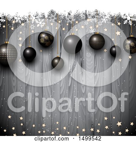 Clipart of a Christmas Background 3d Black Baubles over Wood, with Stars and Snowflakes - Royalty Free Vector Illustration by KJ Pargeter
