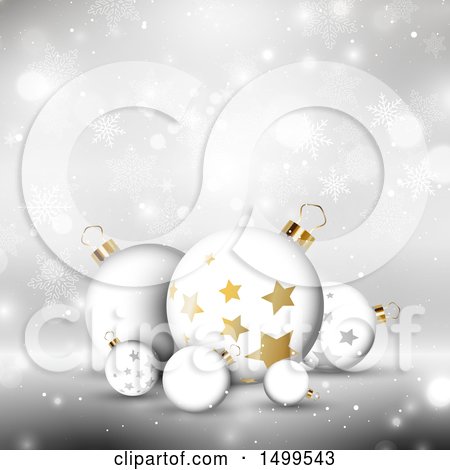 Clipart of a Christmas Background with Star Patterned Baubles over Snowflakes - Royalty Free Vector Illustration by KJ Pargeter