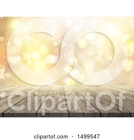 Clipart of a 3d Wooden Surface with Golden Stars and Flares - Royalty Free Illustration by KJ Pargeter