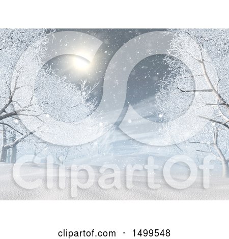 Clipart of a 3d Winter Night Landscape with Trees - Royalty Free Illustration by KJ Pargeter