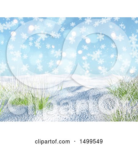 Clipart of a 3d Winter Landscape with Snow and Grass Under a Blue Flare and Snowflake Sky - Royalty Free Illustration by KJ Pargeter