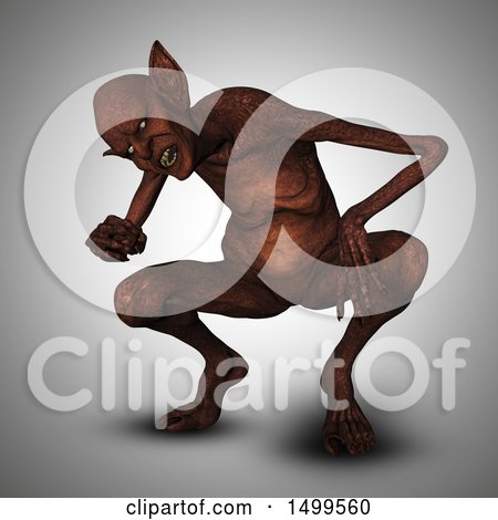 Clipart of a 3d Demon Crouching, on Gray - Royalty Free Illustration by KJ Pargeter