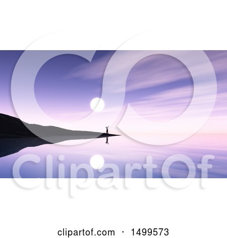 Clipart of a 3d Silhouetted Man on an Island Overlooking a Peaceful Bay Against a Purple Sunset - Royalty Free Illustration by KJ Pargeter