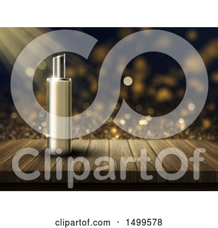 Clipart of a 3d Perfume Bottle on a Wooden Table over Flares - Royalty Free Illustration by KJ Pargeter