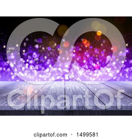 Clipart of a 3d Wooden Surface with Purple Flares and Stars - Royalty Free Illustration by KJ Pargeter