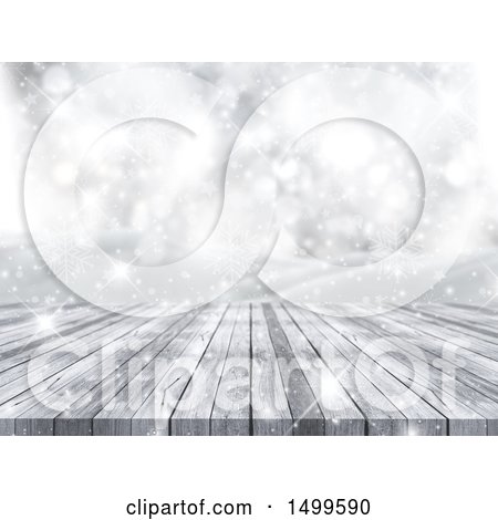 Clipart of a 3d Wooden Surface with Flares over a Winter Landscape - Royalty Free Illustration by KJ Pargeter