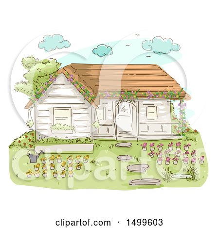 Clipart of a Sketched Cottage with Flowers in Pots - Royalty Free Vector Illustration by BNP Design Studio