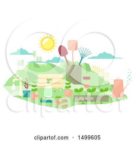Clipart of a Flat Styled Garden with Tools Plants and Mountains - Royalty Free Vector Illustration by BNP Design Studio