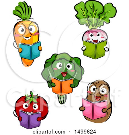 Clipart of Happy Vegetable Character Mascots Reading Books - Royalty Free Vector Illustration by BNP Design Studio