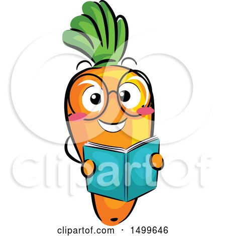 Clipart of a Happy Carrot Character Mascot Reading a Book - Royalty Free Vector Illustration by BNP Design Studio