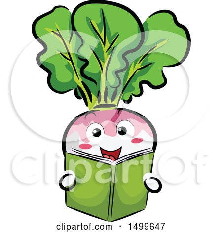 Clipart of a Happy Radish Character Mascot Reading a Book - Royalty Free Vector Illustration by BNP Design Studio