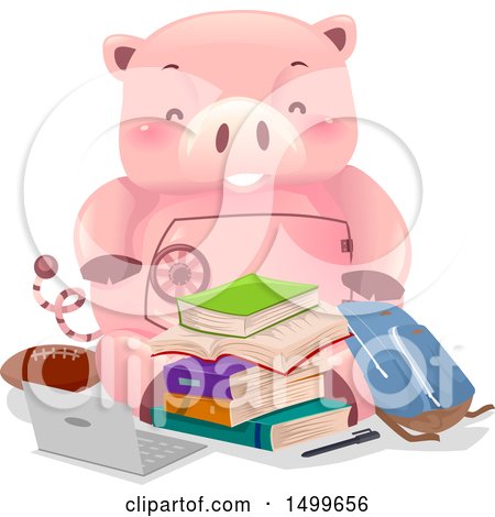Clipart of a Piggy Bank Vault Mascot with College Items - Royalty Free Vector Illustration by BNP Design Studio