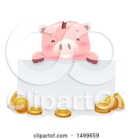 Clipart of a Happy Piggy Bank Mascot Holding a Blank Sign over Coins - Royalty Free Vector Illustration by BNP Design Studio