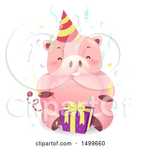 Clipart of a Birthday Piggy Bank Mascot with a Party Hat and Gift - Royalty Free Vector Illustration by BNP Design Studio