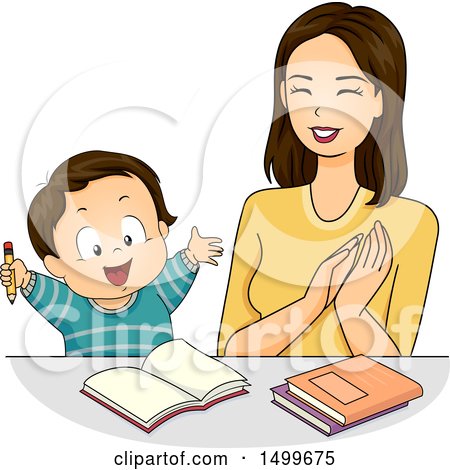 Clipart of a Mother Praising Her Son While Doing Homework - Royalty Free Vector Illustration by BNP Design Studio
