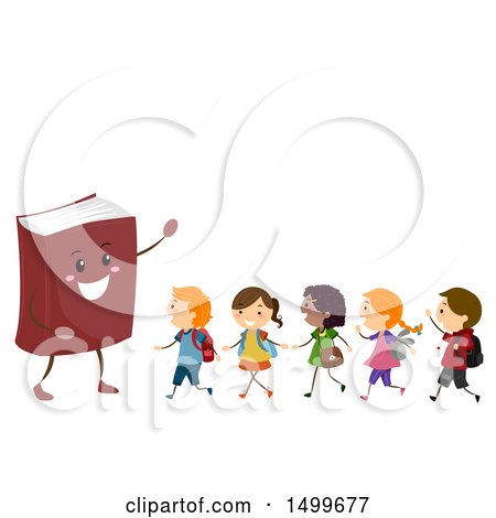 Clipart of a Book Mascot with a Line of School Kids - Royalty Free Vector Illustration by BNP Design Studio