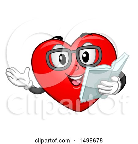 Clipart of a Love Heart Mascot Wearing Glasses and Reading a Love Story - Royalty Free Vector Illustration by BNP Design Studio