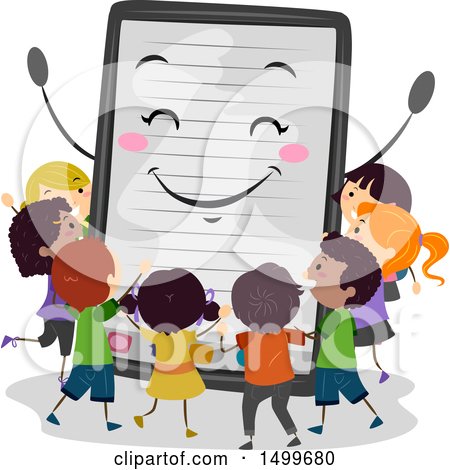 Clipart of a Tablet or E Book Mascot Surrounded by Children - Royalty Free Vector Illustration by BNP Design Studio