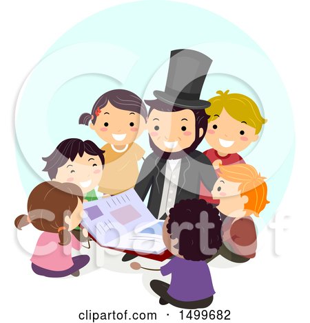 Clipart of a Group of Kids Sitting Around Abraham Lincoln - Royalty Free Vector Illustration by BNP Design Studio
