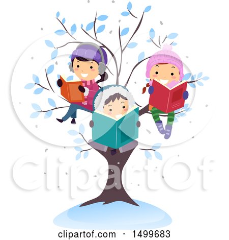 Clipart of a Group of Children Reading Books in a Winter Tree - Royalty Free Vector Illustration by BNP Design Studio