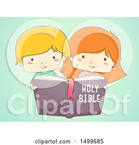 Clipart of a Sketched Boy and Girl Reading a Holy Bible, on Green - Royalty Free Vector Illustration by BNP Design Studio