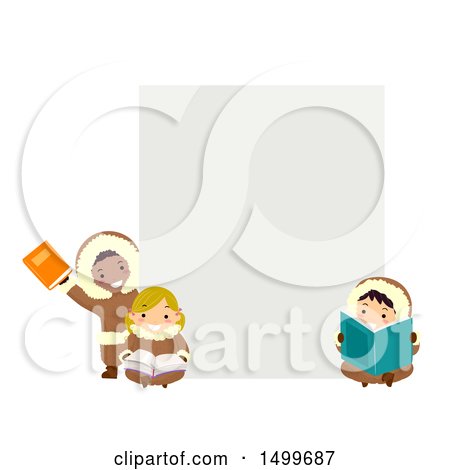 Clipart of a Group of Eskimo Children Reading Books Around a Sign - Royalty Free Vector Illustration by BNP Design Studio