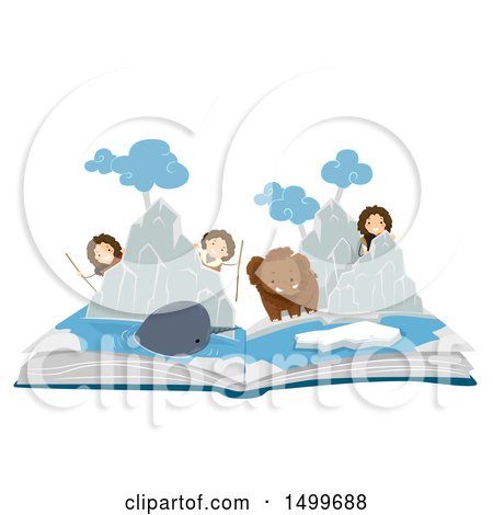 Clipart of a Pop up Book with an Ice Age Scene of Kids, a Mammoth and Narwhal - Royalty Free Vector Illustration by BNP Design Studio